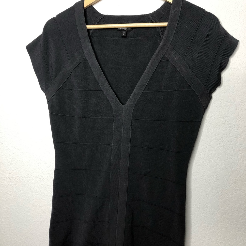 Express Grey Ribbed Bodycon V Neck Dress
